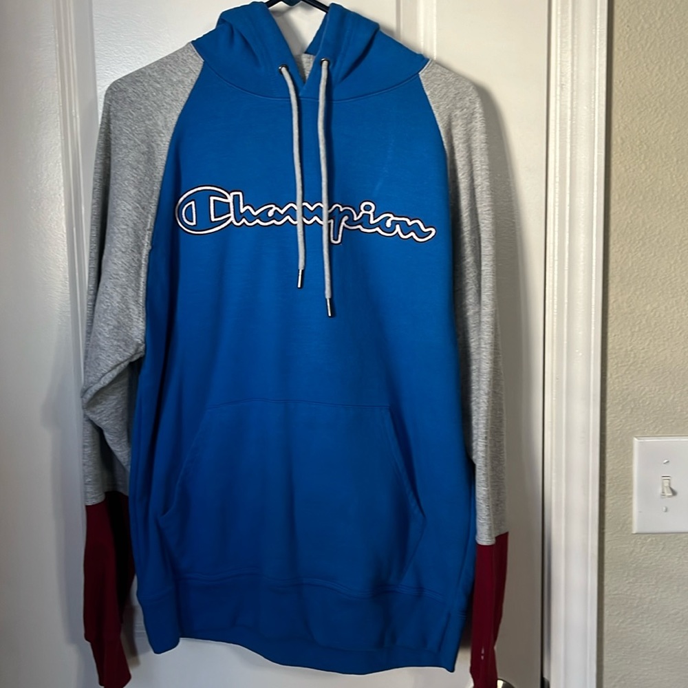 Champion. Men’s. Medium hoodie. Blue, gray, and burgundy color